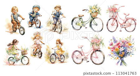 Children Girls Kids with bicycle .Girl riding a bike. Child on outside walk. Watercolor clipart isolated on white background. Children Girls Kids with bicycle .Girl riding a bike. Child on outside walk. Watercolor clipart isolated on white background. 113041763