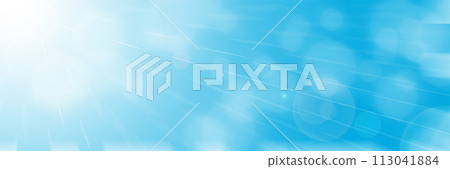 Blue photographic background with a side effect and sun rays in a panoramic frame with geometric figures. Modern honeycomb geometry style. 113041884