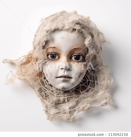 Disturbing doll with a spider web covering its head. Dolls eyes are wide open, giving it an eerie appearance. Spider web adds to unsettling atmosphere of scene. 113042238