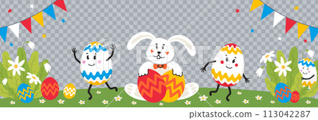 Happy Easter Set with eggs and bunnies Happy Easter Set with eggs and bunnies 113042287
