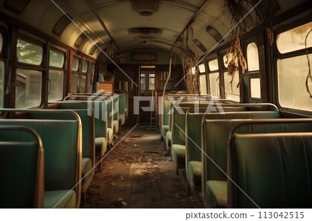 Interior of old abandoned bus 113042515