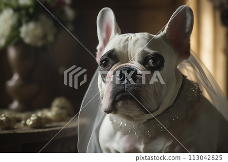 A French Bulldog in a sparkling bridal veil. 113042825