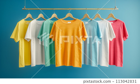 Colorful t-shirts hanging on wooden hangers against blue wall background. Collection of white and colorful t-shirts mockup hanging in row on rack. Colorful t-shirts hanging on wooden hangers against blue wall background. Collection of white and colorful t-shirts mockup hanging in row on rack. 113042831