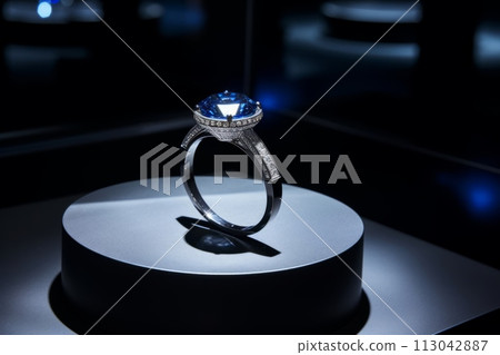 Ring with sapphire and diamond on the podium 113042887