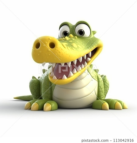 Cartoon alligator is depicted sitting on ground with its mouth wide open, displaying sharp teeth. Alligator appears in relaxed position, with its tail curled beside it. Cartoon alligator is depicted sitting on ground with its mouth wide open, displaying sharp teeth. Alligator appears in relaxed position, with its tail curled beside it. 113042916