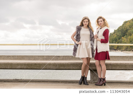 Two fashionable women outdoor 113043054