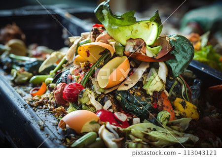 Close up of a trash can full of food waste and garbage. Close up of a trash can full of food waste and garbage. 113043121