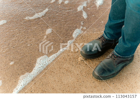 a girl walks on an autumn deserted beach. a girl walks on an autumn deserted beach. 113043157