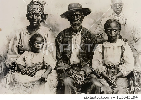 Vintage Family Portrait in Black and White. June 19, Juneteenth, Day to celebrate the abolition slavery in the United States Vintage Family Portrait in Black and White. June 19, Juneteenth, Day to celebrate the abolition slavery in the United States 113043194