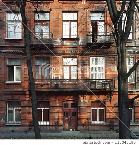 Tall Brick Building With Many Windows and Balconies 113043196
