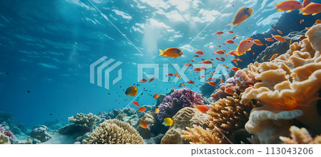 School of Fish Swimming Above Coral Reef. June 8, World Oceans Day 113043206