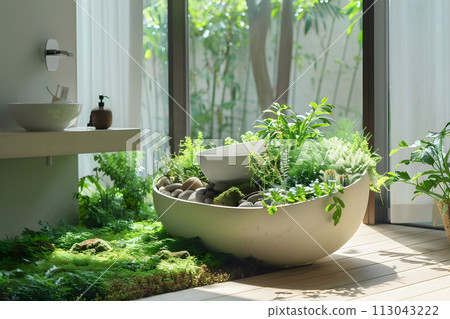 Lush Plants Filling Bathtub by Window Lush Plants Filling Bathtub by Window 113043222