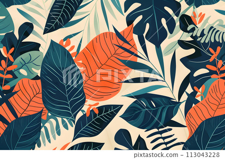Tropical Leaves Pattern on White Background 113043228