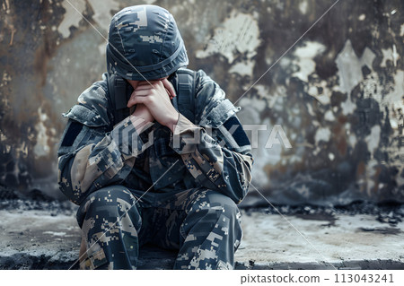 Distressed Soldier Sitting With Head in Hands. June 27, Post-Traumatic Stress Disorder,PTSD, Awareness Day Distressed Soldier Sitting With Head in Hands. June 27, Post-Traumatic Stress Disorder,PTSD, Awareness Day 113043241