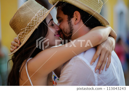 Man in Straw Hat Kissing Woman Man in Straw Hat Kissing Woman 113043243