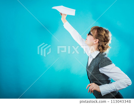 Fly fear. Woman holding airplane in hand. Fly fear. Woman holding airplane in hand. 113043348