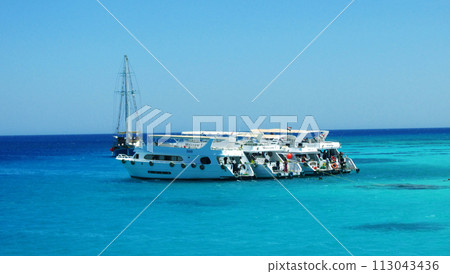 View on yacht parking with tourists near White Island in Red sea. Egypt View on yacht parking with tourists near White Island in Red sea. Egypt 113043436