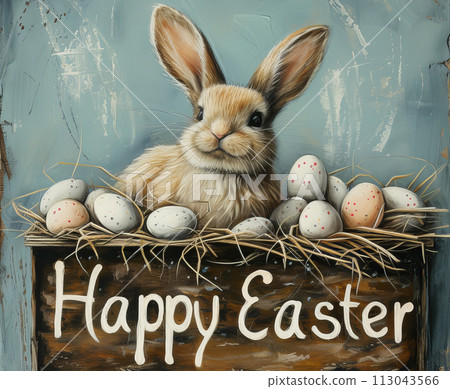A cute white bunny peeks over a wooden sign that says Happy Easter. 113043566