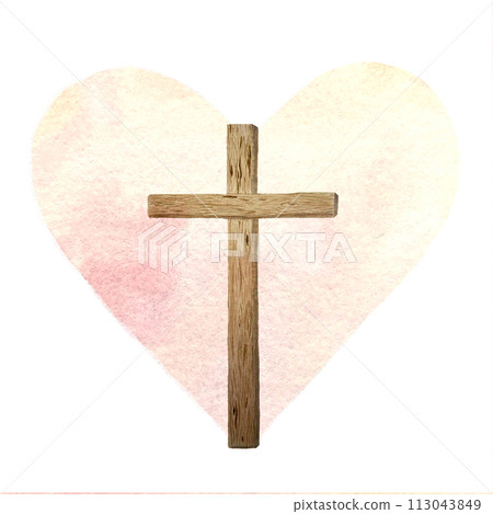 Watercolor wooden cross on a peach heart background. Card for Easter, holy Thursday isolated on white Watercolor wooden cross on a peach heart background. Card for Easter, holy Thursday isolated on white 113043849