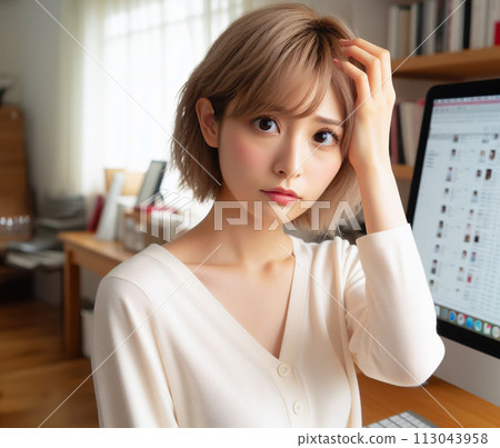 A woman in trouble with a computer problem 113043958