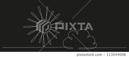 Sun and cloud - hand drawing one single continuous line banner. Vector stock illustration isolated on black background for design template weather forecast, travel blog. Editable stroke. EPS10 Sun and cloud - hand drawing one single continuous line banner. Vector stock illustration isolated on black background for design template weather forecast, travel blog. Editable stroke. EPS10 113044006