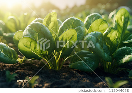 Spinach in the garden on a sunny day. Generative Ai image 113044058