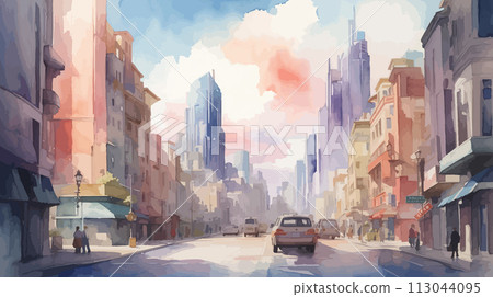 Illustration of a city cityscape drawn by watercolor Generative AI 113044095