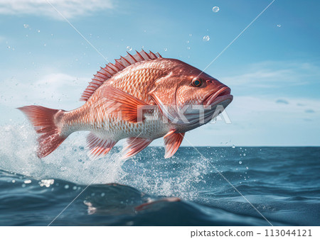 Red Snapper jumping out of the ocean water. Ai generative 113044121