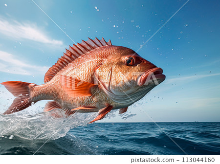 Red Snapper jumping out of the ocean water. Ai generative 113044160