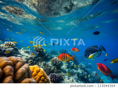 Colorful tropical fish in the blue ocean. Ai generative 113044164