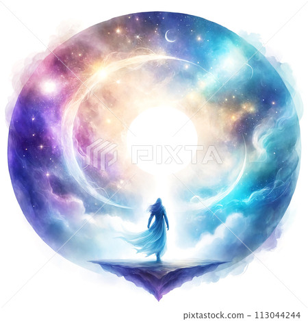 A woman stands on a floating island in the sky 113044244