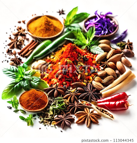 Spices and herbs on a white background 113044345