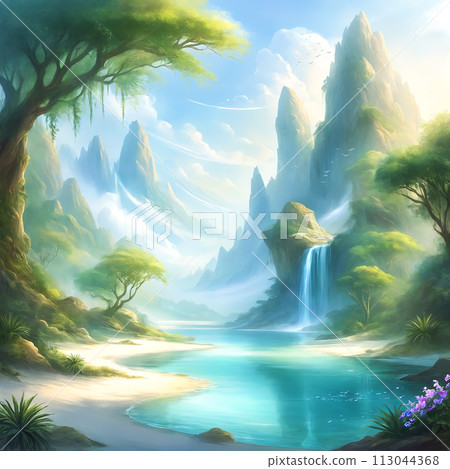 Fantasy landscape, river, waterfall and mountains Fantasy landscape, river, waterfall and mountains 113044368