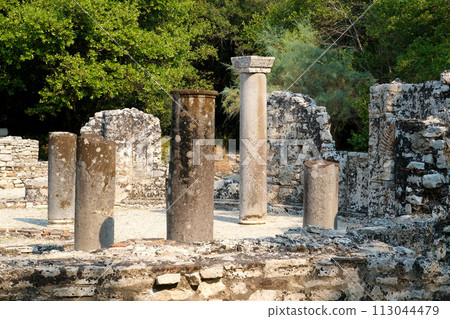Ruins of Great Basilica in Butrint National Park, Buthrotum, Albania. Triconch Palace at Butrint Life and death of an ancient Roman house Historical medieval Venetian Tower surrounded. High quality Ruins of Great Basilica in Butrint National Park, Buthrotum, Albania. Triconch Palace at Butrint Life and death of an ancient Roman house Historical medieval Venetian Tower surrounded. High quality 113044479