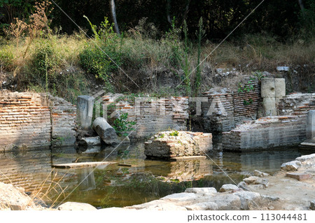 Ruins of Great Basilica in Butrint National Park, Buthrotum, Albania. Triconch Palace at Butrint Life and death of an ancient Roman house Historical medieval Venetian Tower surrounded. High quality 113044481