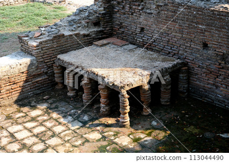 Ruins of Great Basilica in Butrint National Park, Buthrotum, Albania. Triconch Palace at Butrint Life and death of an ancient Roman house Historical medieval Venetian Tower surrounded. High quality Ruins of Great Basilica in Butrint National Park, Buthrotum, Albania. Triconch Palace at Butrint Life and death of an ancient Roman house Historical medieval Venetian Tower surrounded. High quality 113044490