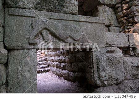 Ruins of Great Basilica in Butrint National Park, Buthrotum, Albania. Triconch Palace at Butrint Life and death of an ancient Roman house Historical medieval Venetian Tower surrounded. High quality 113044499