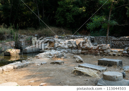 Ruins of Great Basilica in Butrint National Park, Buthrotum, Albania. Triconch Palace at Butrint Life and death of an ancient Roman house Historical medieval Venetian Tower surrounded. High quality 113044503
