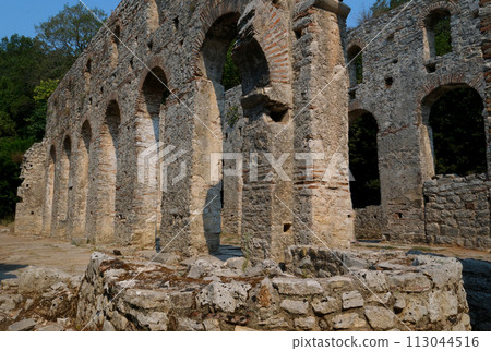 Ruins of Great Basilica in Butrint National Park, Buthrotum, Albania. Triconch Palace at Butrint Life and death of an ancient Roman house Historical medieval Venetian Tower surrounded. High quality 113044516