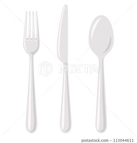 Vector Flat Simple Cartoon Dinner Fork, Knife and Spoon Icon Set Closeup, Isolated. Tableware Set. Top View 113044611