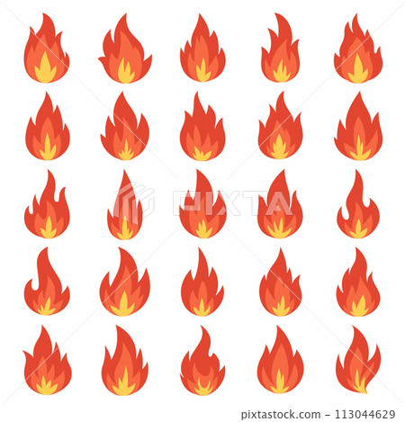 Vector Fire Flame Icon Set, Isolated. Campfire Shape Sign, Bonfire Design Template for Outdoor, Adventure, Nature Concept. Red, Orange Color Flame Icon in Front View Vector Fire Flame Icon Set, Isolated. Campfire Shape Sign, Bonfire Design Template for Outdoor, Adventure, Nature Concept. Red, Orange Color Flame Icon in Front View 113044629
