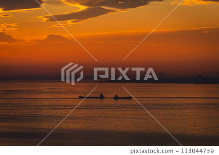 Tokyo Bay, a boat crossing the sea illuminated by the setting sun Tokyo Bay, a boat crossing the sea illuminated by the setting sun 113044739