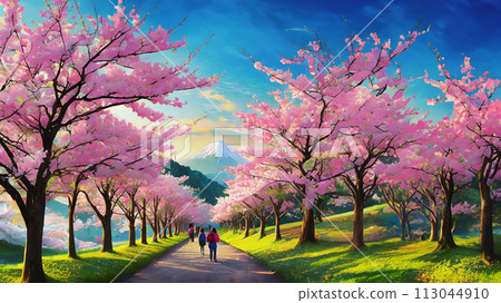 Illustration of cherry blossom trees before sunset Illustration of cherry blossom trees before sunset 113044910