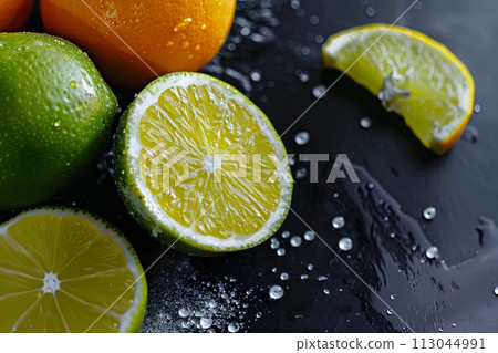 Limes, Oranges, and Lemons Arranged on a Black Surface 113044991