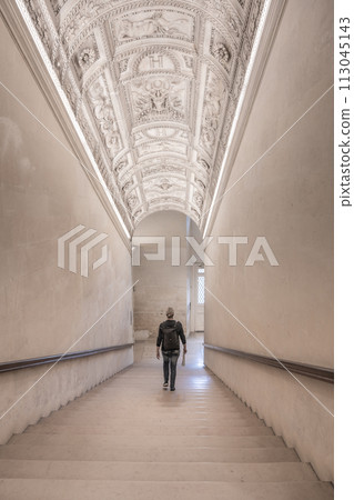 A lone visitor descends the ornate staircase of the Louvre, surrounded by the museums iconic architectural details. A lone visitor descends the ornate staircase of the Louvre, surrounded by the museums iconic architectural details. 113045143