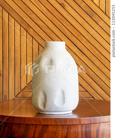 Minimalist White Ceramic Vase Against Wooden cladding 113045255