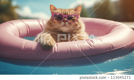 Cute cat in sunglasses on swimming pool with pink inflatable ring	 113045271