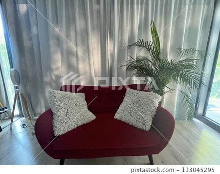 Interior of a living room with red sofa and white pillows in front of the window with plant Interior of a living room with red sofa and white pillows in front of the window with plant 113045295