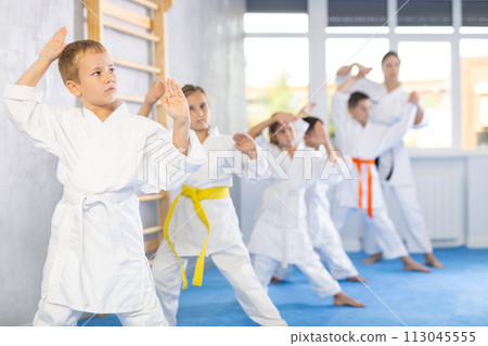 Children students repeat position and perform sequence of punches and painful techniques kata Children students repeat position and perform sequence of punches and painful techniques kata 113045555