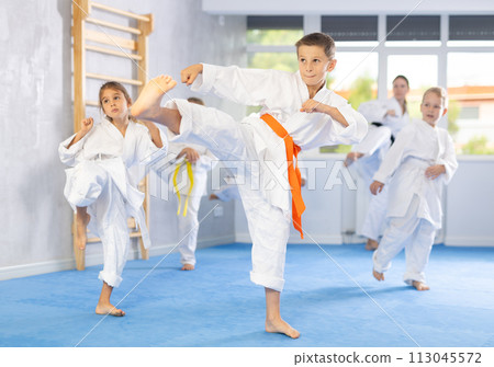 Children students repeat position and perform sequence of punches and painful techniques kata 113045572